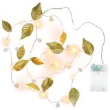 Ghirlandă luminoasă cu frunze aurii și mărgele, 20 LED, 1,8m