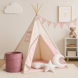 Cort Teepee pentru copii, roz / bej, cu accesorii + steag