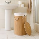 Coș de rufe rotund din bambus, 55 l, cu capac și sac