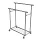 Suport metalic pentru haine pe roți, 2 bare + rafturi