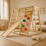 Loc de joacă interior din lemn pentru copii, cu tobogan, pli