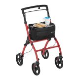 Carucior de mers roșu cu roți pivotante și geantă