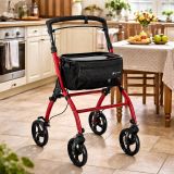 Carucior de mers roșu cu roți pivotante și geantă