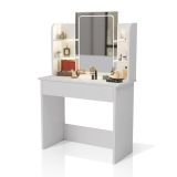 Masă de machiaj Zoey cu oglindă LED, albă, 6 rafturi