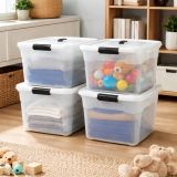 Set 4 cutii organizare plastic semitransparente cu capac 30L