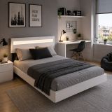 Pat modern cu LED, tăblie reglabilă, alb, 200x140 cm, design