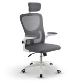 Scaun de birou ergonomic gri/alb cu suport lombar și tetieră