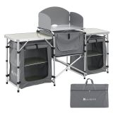 Masă de camping pliabilă cu rafturi și paravan vânt, 175x40x