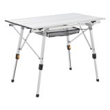 Masă camping aluminiu cu raft, înălțime reglabilă, 90x52 cm