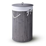 Coș de rufe rotund din bambus 55L cu capac și sac textil