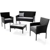 Set mobilier de grădină din ratan negru cu masă și perne, 4+