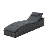 Șezlong exterior poliratan negru cu pernă gri, 200x60 cm