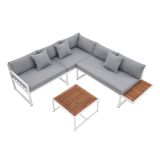 Set mobilier terasă colțar, oțel alb, lemn acacia, perne gri