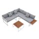 Set mobilier terasă colțar, oțel alb, lemn acacia, perne gri