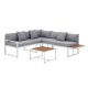 Set mobilier terasă colțar, oțel alb, lemn acacia, perne gri