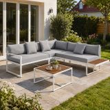 Set mobilier terasă colțar, oțel alb, lemn acacia, perne gri