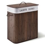 Coș rufe dreptunghiular bambus, 100L, 2 compartimente, maro
