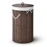 Coș de rufe bambus maro 55L cu sac textil și mânere sfoară