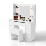 Masă machiaj cu oglindă LED, albă, 107x40x140 cm, cu taburet
