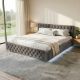 Pat matrimonial cu LED, catifea gri, 180x200 cm, design lux