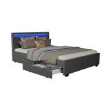 Pat cu LED, 4 sertare, piele ecologică, 140x200 cm, gri înch