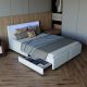 Pat modern cu LED, depozitare, piele eco, alb, 140x200 cm