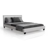Pat modern cu LED, alb, piele ecologică, 140x200 cm, telecom