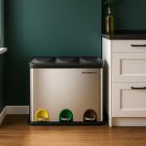 Coș de gunoi inox 45L, 3 compartimente, pedale colorate
