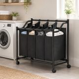Coș de rufe pe roți SONGMICS, 140L, 4 compartimente, negru