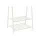 Suport haine metalic alb cu două rafturi, design minimalist,