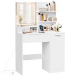 Toaletă albă cu oglindă LED, sertar și dulap, încărcare USB